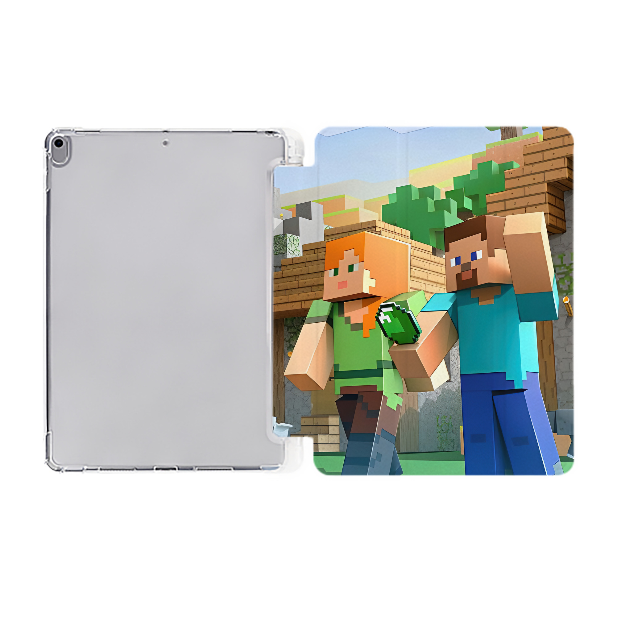 （画像用） マインクラフト ブロックの世界 Minecraft MC Block world IPad ケース ペン収納付き 三つ折りスタンド PUレザー×シリコン 対応機種9.5/10.5/10.9インチ